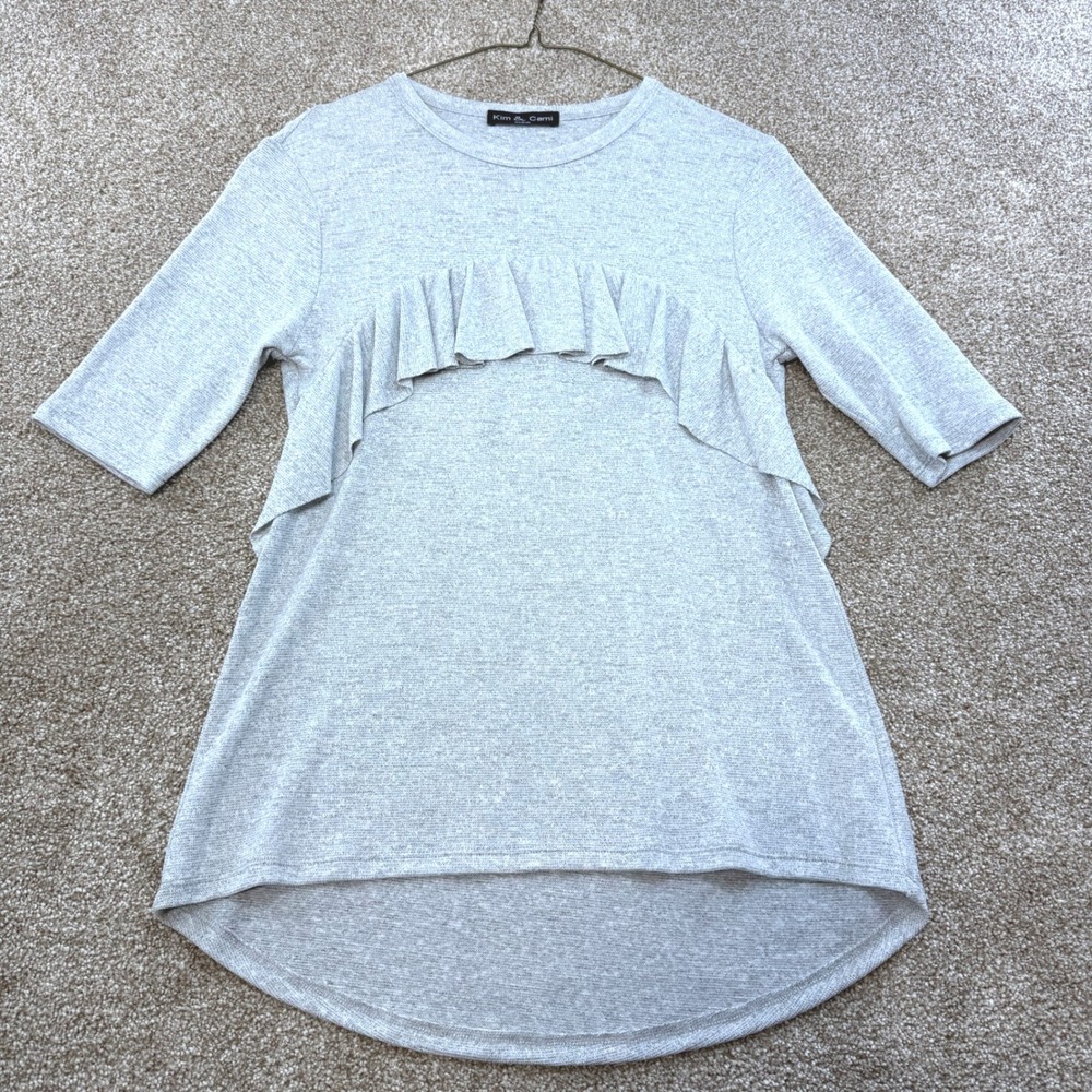 Kim & Cami Womens Medium Grey Ruffle Front Knit Top Elbow Sleeve High Low Hem